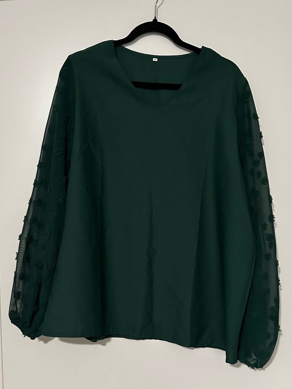 Source Unknown Dark Green Blouse with Sheer Dotted Sleeves
